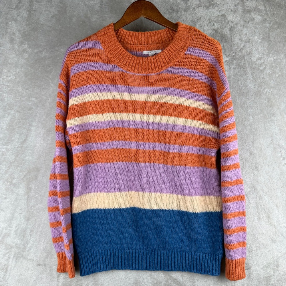 O'Neill Women's Striped Knit Crew Neck Sweater Orange Purple Blue Size Medium